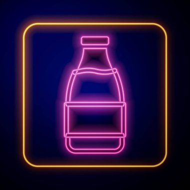 Glowing neon Closed glass bottle with milk icon isolated on black background.  Vector
