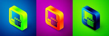 Isometric Daily paper notepad icon isolated on blue, purple and green background. Square button. Vector