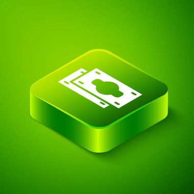 Isometric Stacks kağıt para para ikonu yeşil arka planda izole. Para desteleri. Para birimi. Yeşil kare düğmesi. Vektör