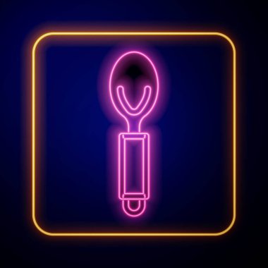 Parlayan neon kaşık simgesi siyah arkaplanda izole edildi. Mutfak aletleri. Çatal bıçak seti. Vektör