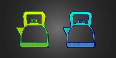 Siyah arka planda ikonu olan yeşil ve mavi çaydanlık. Çaydanlık ikonu. Vektör