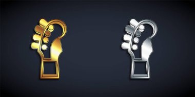 Gold and silver Guitar neck icon isolated on black background. Acoustic guitar. String musical instrument. Long shadow style. Vector