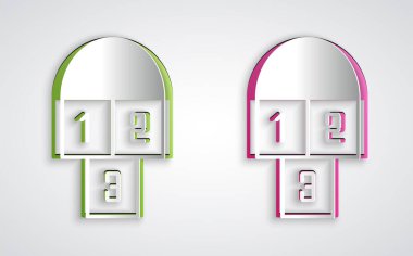 Kağıt kesiği Hopscotch simgesi gri arkaplanda izole edilmiş. Çocuklar için asfalt kaplama çizimi. Kağıt sanatı tarzı. Vektör