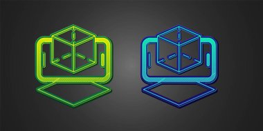 Siyah arkaplanda yeşil ve mavi 3D modelleme simgesi izole edildi. Artırılmış gerçeklik mi yoksa sanal gerçeklik mi? Vektör