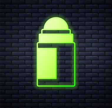 Glowing neon Antiperspirant deodorant roll icon isolated on brick wall background. Cosmetic for body hygiene.  Vector