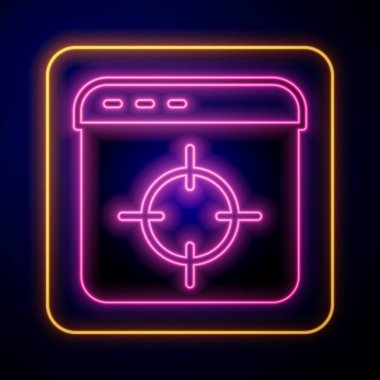 Parlayan neon hedefli finansal hedef kavramı simgesi siyah arkaplanda izole edildi. Sembolik hedeflere ulaşım, başarı. Vektör