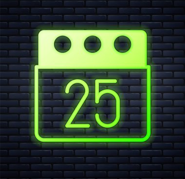 Parlayan neon rengi Noel takvim simgesi tuğla duvar arkasında izole edilmiş. Olay hatırlatma sembolü. Mutlu Noeller ve mutlu yıllar. Vektör