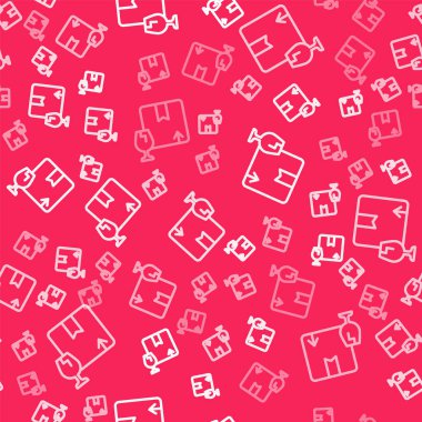 White line Delivery package box with fragile content symbol of broken glass icon isolated seamless pattern on red background. Box, package, parcel sign.  Vector