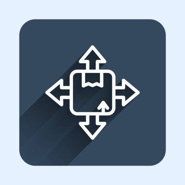 Beyaz çizgi karton kutu simgesi uzun gölge arkaplan izole. Kutu, paket, paket işareti. Teslimat ve ambalaj. Mavi kare düğme. Vektör