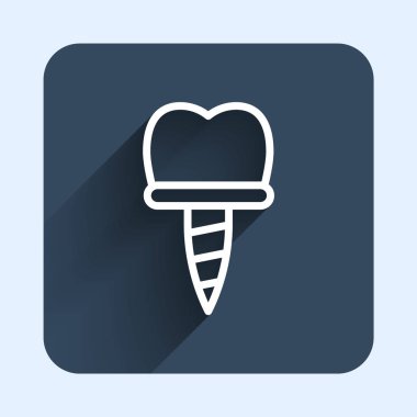 Beyaz çizgi diş implantı simgesi uzun gölge arkaplanı ile izole edildi. Mavi kare düğme. Vektör