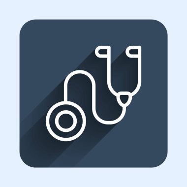 White line Stethoscope medical instrument icon isolated with long shadow background. Blue square button. Vector