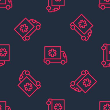 Kırmızı hat ambulansı ve acil durum arabası ikonu siyah arka planda izole edilmiş. Ambulans aracı tıbbi tahliye. Vektör