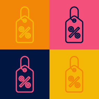 Pop sanat eseri indirimli etiket simgesi renk arkaplanında izole edildi. Etiket alışverişi. Özel teklif işareti. İndirim kuponları sembolü. Vektör