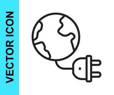 Black line Global energy power planet with plug icon isolated on white background. Ecology concept and environmental.  Vector