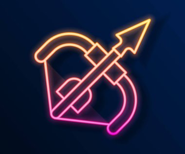 Parlayan neon hattı Ortaçağ yayı ve ok simgesi siyah arka planda izole edildi. Ortaçağ silahı. Vektör