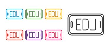 Çevrimiçi eğitim ve mezuniyet simgesi beyaz arkaplanda izole edildi. İnternetteki öğretmen monitörde. Giyinme ve video semineri öğrenme. Simgeleri renklendirin. Vektör