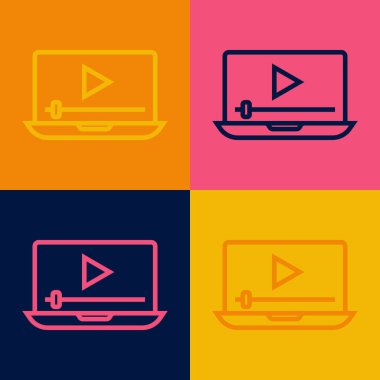 Pop Art Line Online video oynatma simgesi renk arkaplanında izole edildi. Dizüstü bilgisayar ve oyun işaretli film şeridi. Vektör
