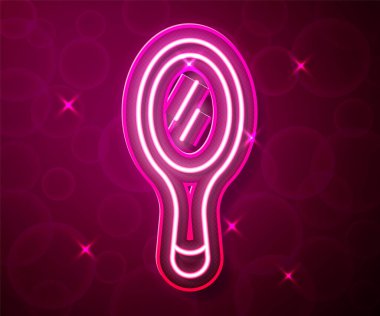 Glowing neon line Hand mirror icon isolated on red background.  Vector