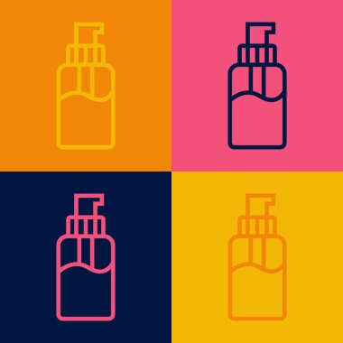 Pop art line Bottle of liquid antibacterial soap with dispenser icon isolated on color background. Disinfection, hygiene, skin care concept.  Vector