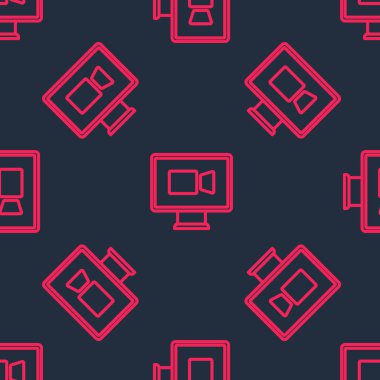 Kırmızı çizgi görüntülü sohbet konferans simgesi siyah arkaplanda izole edilmiş kusursuz desen. Çevrimiçi iş görüşmesi formu. Uzak proje yönetimi. Vektör