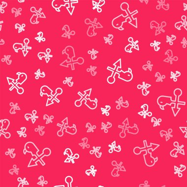 Beyaz çizgi Rooster rüzgar gülü ikonu kırmızı arka planda izole edilmiş pürüzsüz desen. Weathercock işareti. Rüzgar gülü horozu. Vektör