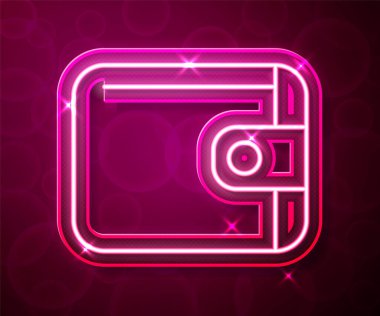 Parlayan neon çizgili cüzdan simgesi kırmızı arkaplanda izole edildi. Çanta ikonu. Nakit tasarruf sembolü. Vektör