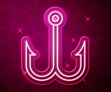 Parlayan neon hattı Balık oltası simgesi kırmızı arkaplanda izole edildi. Balık oltası. Vektör