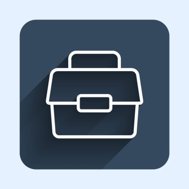 Beyaz çizgi valizi ya da sallanan kutu kutusu ve uzun gölge arkaplan izole balıkçılık ekipmanları ikonu. Balık oltası. Mavi kare düğme. Vektör