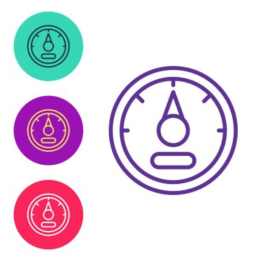 Çizgi Motor gaz göstergesi simgesi beyaz arkaplanda izole edildi. Yakıt göstergesi boş. Tam depo göstergesi. Simgeleri renklendirin. Vektör.