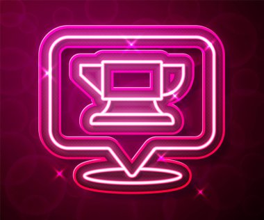 Parlayan neon hattı Demirci örs aracı simgesi kırmızı arkaplanda izole edildi. Metal dövmesi. Kalpazanlık aleti. Vektör.