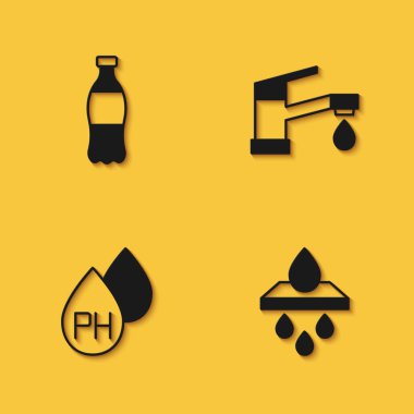 Set Bottle of water Water filter cartridge drop and tap icon with long shadow. Vector.