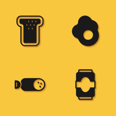 Set Bread toast Soda can Salami sausage and Scrambled egg icon with long shadow. Vector.
