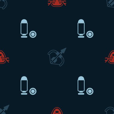 Set Deer antlers on shield Medieval bow and arrow and Bullet on seamless pattern. Vector.