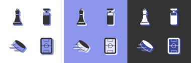Set Football field Chess Hockey puck and Punching bag icon. Vector.