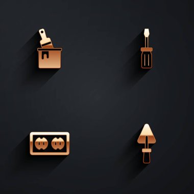 Set Paint bucket with brush Screwdriver Electrical outlet and Trowel icon with long shadow. Vector.