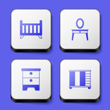 Set Baby crib cradle bed Dressing table Furniture nightstand and Wardrobe icon. White square button. Vector.