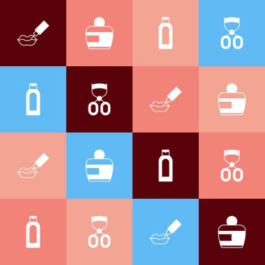 Set pop art Lip augmentation Cream or lotion cosmetic tube Bottle of shampoo and Eyelash curler icon. Vector.