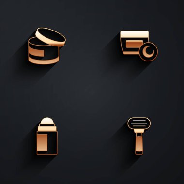 Set Cream or lotion cosmetic tube Deodorant roll and Shaving razor icon with long shadow. Vector.