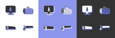 Set Hand saw Location of the forest and Wooden log icon. Vector.