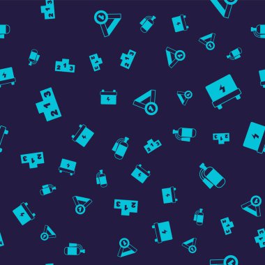 Set Award over sports winner podium Car battery Medal and Fire extinguisher on seamless pattern. Vector.