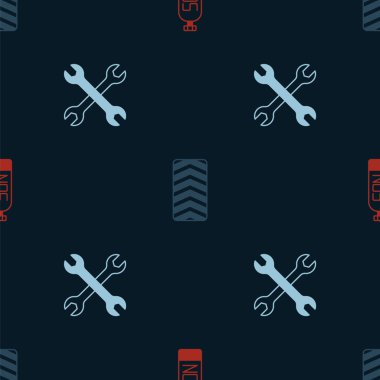 Set Nitrous oxide Car tire wheel and Wrench spanner on seamless pattern. Vector.