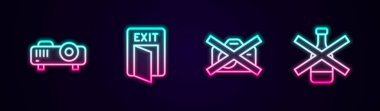 Set line Movie film media projector Fire exit Prohibition no video recording and No alcohol. Glowing neon icon. Vector.