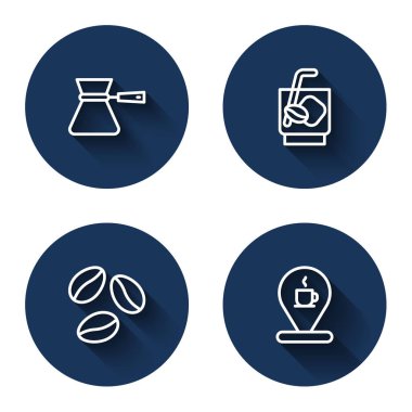 Set line Coffee turk Espresso tonic coffee beans and Location with cup with long shadow. Blue circle button. Vector.