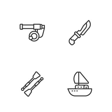Set line Yacht sailboat Oars or paddles Fishing rod and Knife icon. Vector.