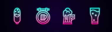 Set line Salami sausage Street signboard with beer Wooden mug and Glass of. Glowing neon icon. Vector.