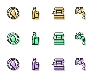 Set line Well Recycle clean aqua Bottle of water with glass and Water tap icon. Vector.