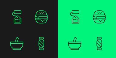 Set line Candy Mortar pestle Tea bag and Burger icon. Vector.