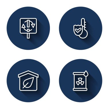 Set line Recycle symbol Thermometer Eco friendly house and Radioactive waste in barrel with long shadow. Blue circle button. Vector.