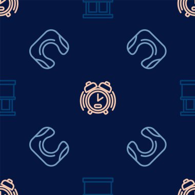 Set line Window with curtains Travel neck pillow and Alarm clock on seamless pattern. Vector.