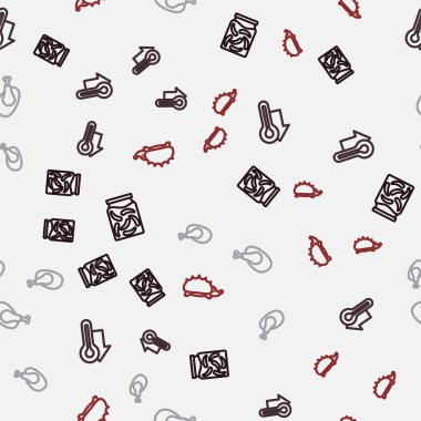 Set line Pickled cucumbers in a jar Thermometer Roasted turkey or chicken and Hedgehog on seamless pattern. Vector.